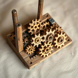 A decaying wooden internet router, showcasing intricate wooden gears and cogs