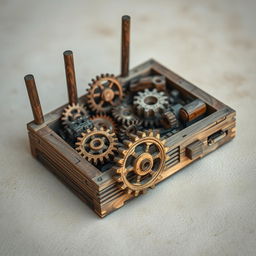 A decaying wooden internet router, showcasing intricate wooden gears and cogs