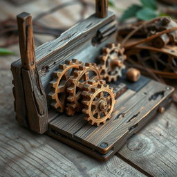 A decaying wooden internet router, showcasing intricate wooden gears and cogs