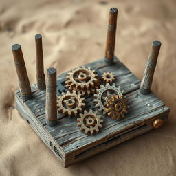 A decaying wooden internet router, showcasing intricate wooden gears and cogs