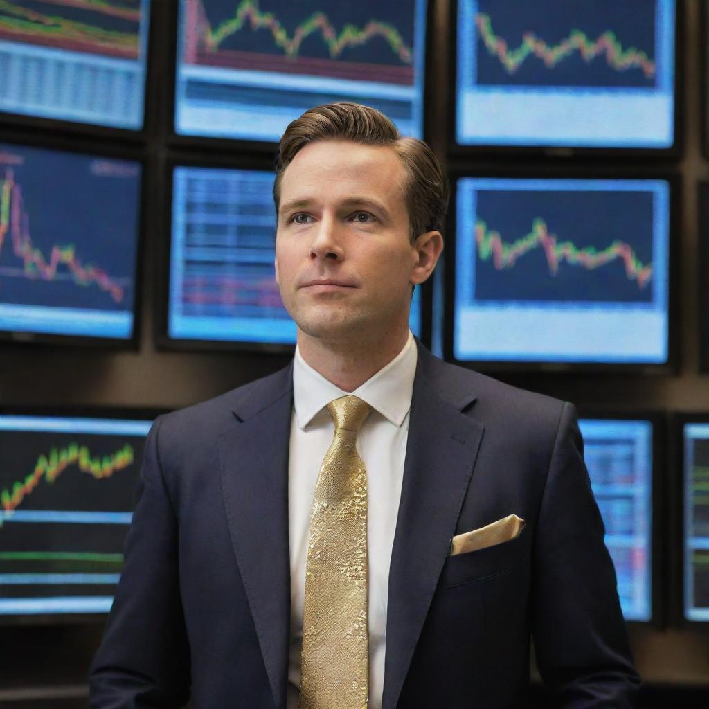 Show a dynamic investment banker standing on Wall Street, surrounded by high-tech screens displaying skyrocketing stock charts and piles of gold coins