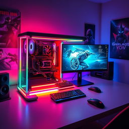 A super modern gaming computer setup, featuring sleek lines and a futuristic aesthetic