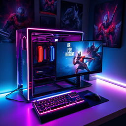 A super modern gaming computer setup, featuring sleek lines and a futuristic aesthetic