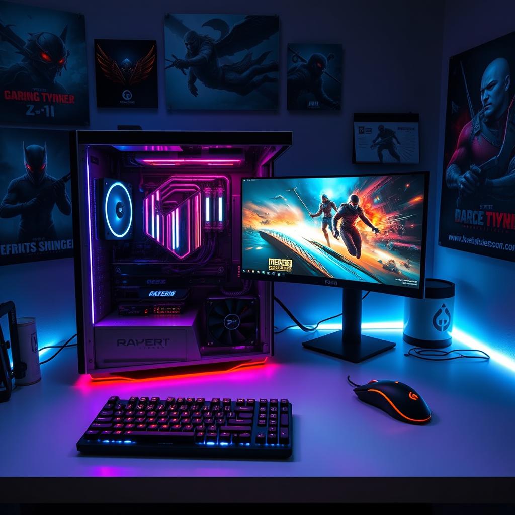 A super modern gaming computer setup, featuring sleek lines and a futuristic aesthetic