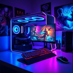 A super modern gaming computer setup, featuring sleek lines and a futuristic aesthetic
