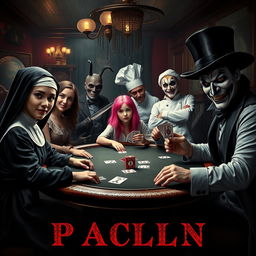 A realistic movie poster featuring an eclectic team gathered around a poker table in a sinister casino