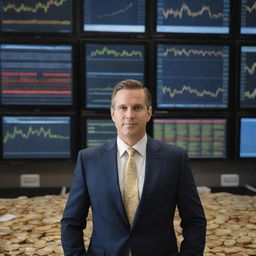 Show a dynamic investment banker standing on Wall Street, surrounded by high-tech screens displaying skyrocketing stock charts and piles of gold coins