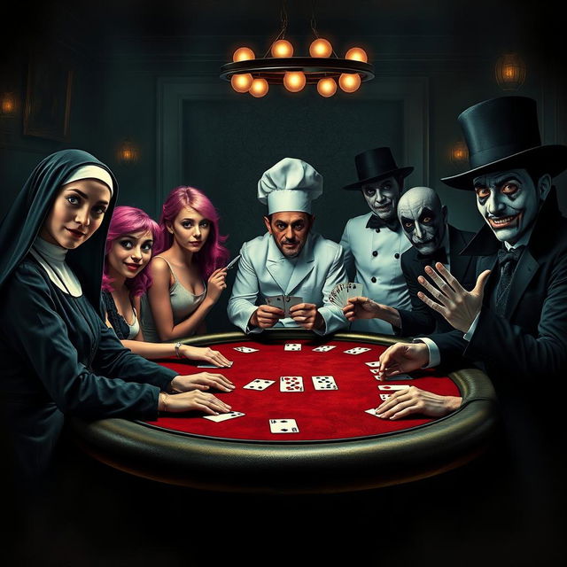 A realistic movie poster featuring an eclectic team gathered around a poker table in a sinister casino