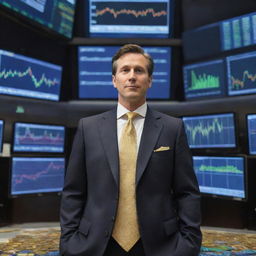 Show a dynamic investment banker standing on Wall Street, surrounded by high-tech screens displaying skyrocketing stock charts and piles of gold coins