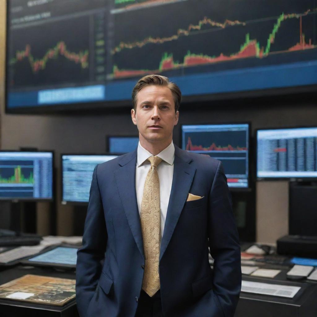 Show a dynamic investment banker standing on Wall Street, surrounded by high-tech screens displaying skyrocketing stock charts and piles of gold coins