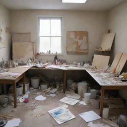 Present a struggling artist in a worn-out studio filled with unfinished paintings, discarded canvases, and a cluttered work space full of art supplies