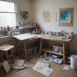 Present a struggling artist in a worn-out studio filled with unfinished paintings, discarded canvases, and a cluttered work space full of art supplies