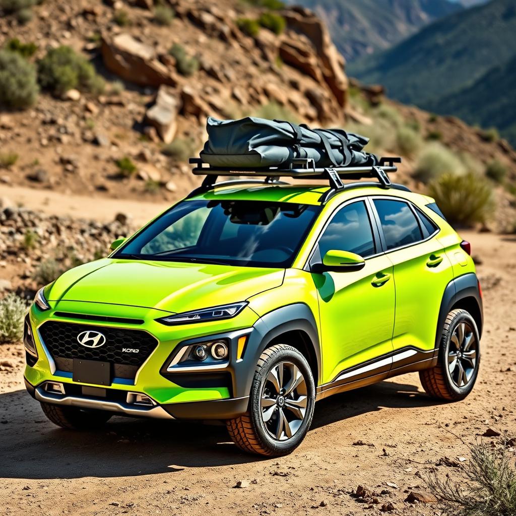 A striking lime green 2020 Hyundai Kona, featuring a sturdy roof rack along with off-road tires and rugged wheels