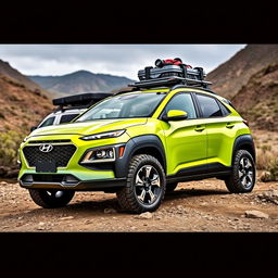 A striking lime green 2020 Hyundai Kona, featuring a sturdy roof rack along with off-road tires and rugged wheels
