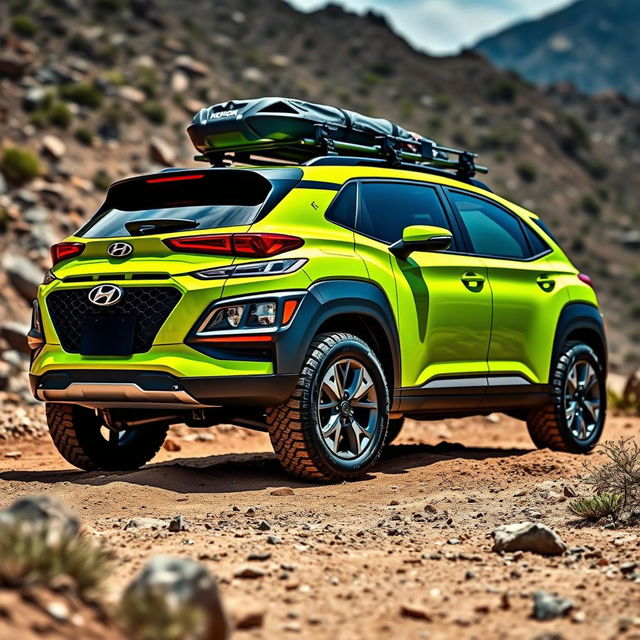 A striking lime green 2020 Hyundai Kona, featuring a sturdy roof rack along with off-road tires and rugged wheels