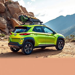 A striking lime green 2020 Hyundai Kona, featuring a sturdy roof rack along with off-road tires and rugged wheels