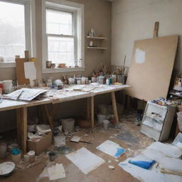 Present a struggling artist in a worn-out studio filled with unfinished paintings, discarded canvases, and a cluttered work space full of art supplies