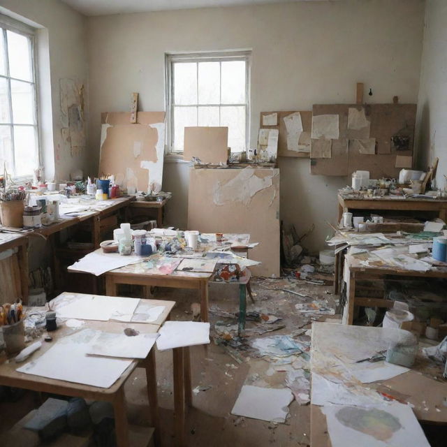 Present a struggling artist in a worn-out studio filled with unfinished paintings, discarded canvases, and a cluttered work space full of art supplies