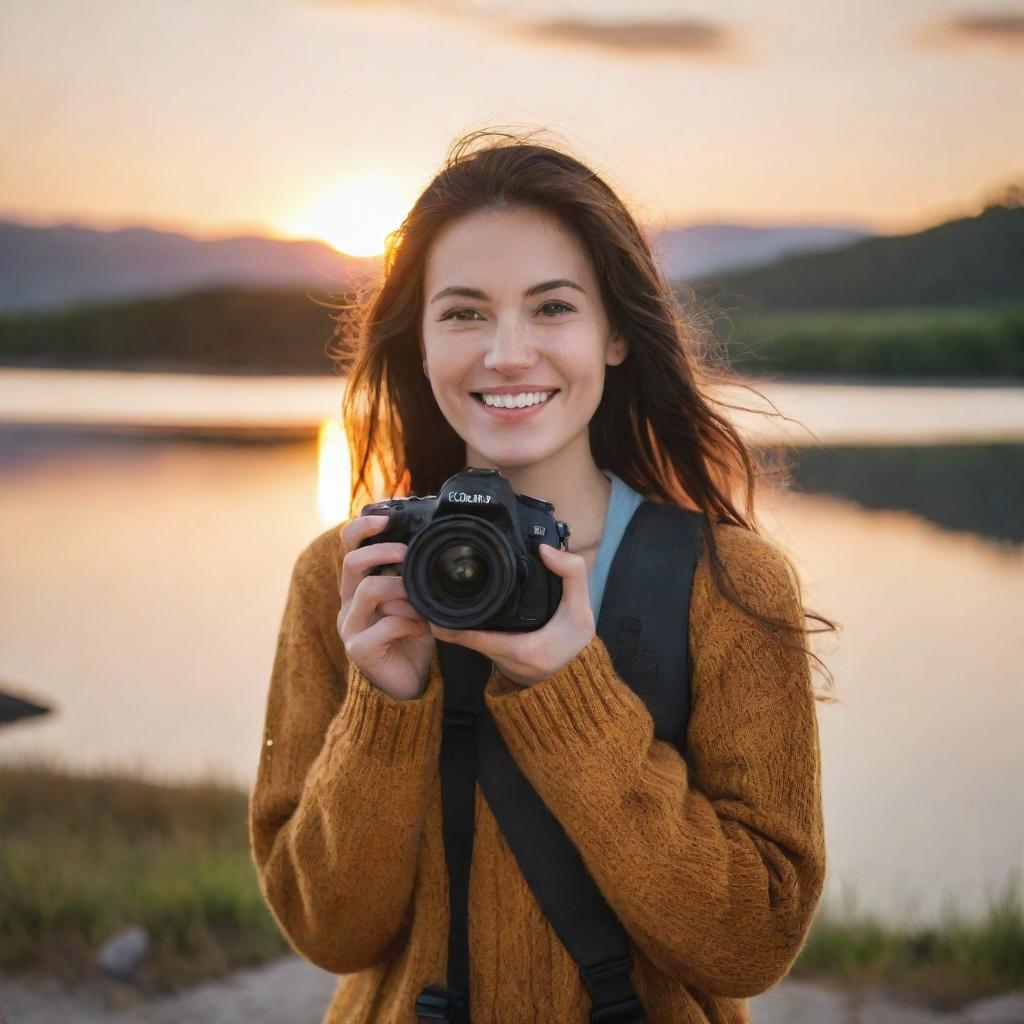 Visualize a serene landscape photographer amidst beautiful natural scenery, capturing the breathtaking sunrise with her professional grade camera, her face illuminated with a joyous, fulfilled smile