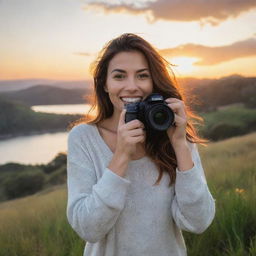 Visualize a serene landscape photographer amidst beautiful natural scenery, capturing the breathtaking sunrise with her professional grade camera, her face illuminated with a joyous, fulfilled smile