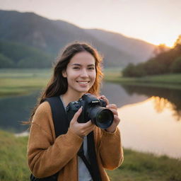 Visualize a serene landscape photographer amidst beautiful natural scenery, capturing the breathtaking sunrise with her professional grade camera, her face illuminated with a joyous, fulfilled smile