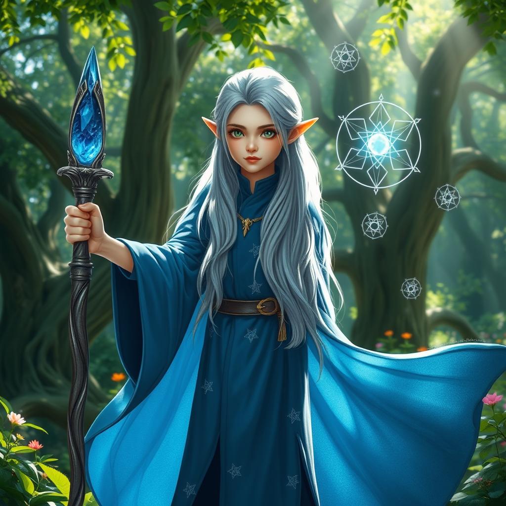 A young high elf wizard standing in a mystical forest, wearing a flowing blue robe adorned with silver stars, holding a gleaming staff topped with a sapphire crystal