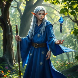 A young high elf wizard standing in a mystical forest, wearing a flowing blue robe adorned with silver stars, holding a gleaming staff topped with a sapphire crystal