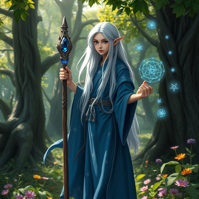 A young high elf wizard standing in a mystical forest, wearing a flowing blue robe adorned with silver stars, holding a gleaming staff topped with a sapphire crystal