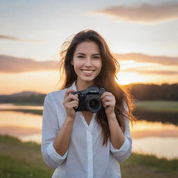 Visualize a serene landscape photographer amidst beautiful natural scenery, capturing the breathtaking sunrise with her professional grade camera, her face illuminated with a joyous, fulfilled smile