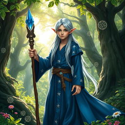 A young high elf wizard standing in a mystical forest, wearing a flowing blue robe adorned with silver stars, holding a gleaming staff topped with a sapphire crystal