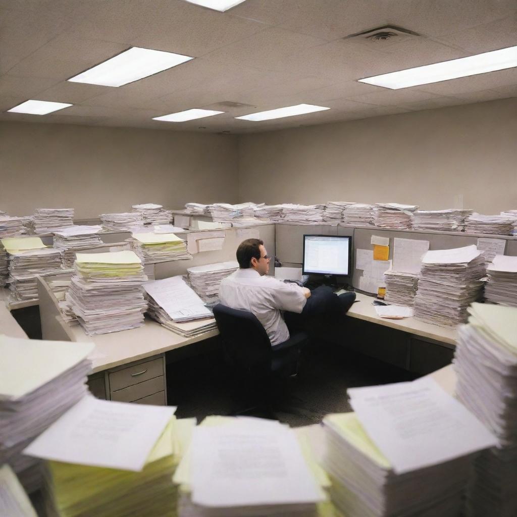 Visualize a corporate office worker situated in an isolated, windowless cubicle, surrounded by a pile of endless paperwork, under harsh fluorescent lights, exuding an aura of dismal monotony