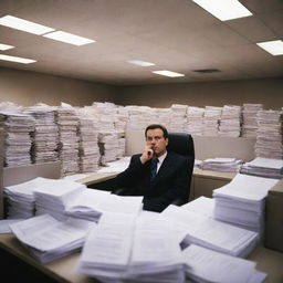 Visualize a corporate office worker situated in an isolated, windowless cubicle, surrounded by a pile of endless paperwork, under harsh fluorescent lights, exuding an aura of dismal monotony