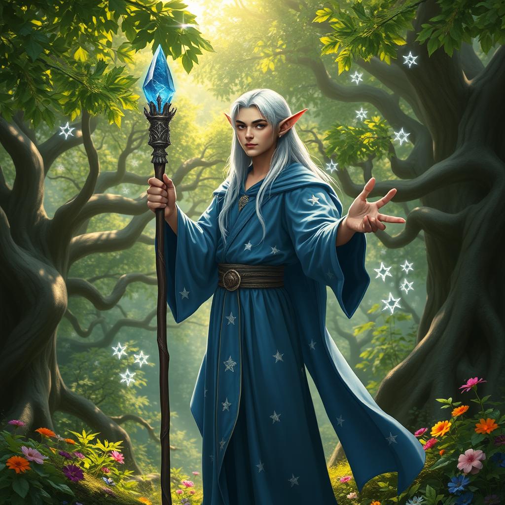 A young male high elf wizard standing in an enchanted forest, wearing a flowing blue robe adorned with silver stars, holding a magical staff topped with a shimmering sapphire crystal