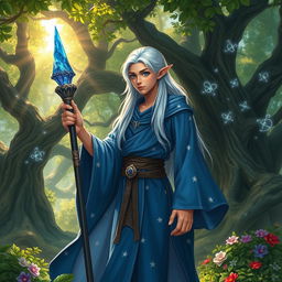 A young male high elf wizard standing in an enchanted forest, wearing a flowing blue robe adorned with silver stars, holding a magical staff topped with a shimmering sapphire crystal