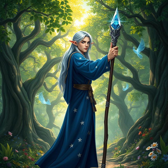 A young male high elf wizard standing in an enchanted forest, wearing a flowing blue robe adorned with silver stars, holding a magical staff topped with a shimmering sapphire crystal