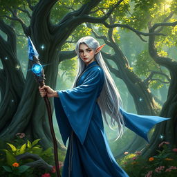A young male high elf wizard standing in an enchanted forest, wearing a flowing blue robe adorned with silver stars, holding a magical staff topped with a shimmering sapphire crystal