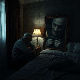 A haunting scene set in a dimly lit hotel room, where a middle-aged man sits on the edge of a rumpled bed, lost in thought