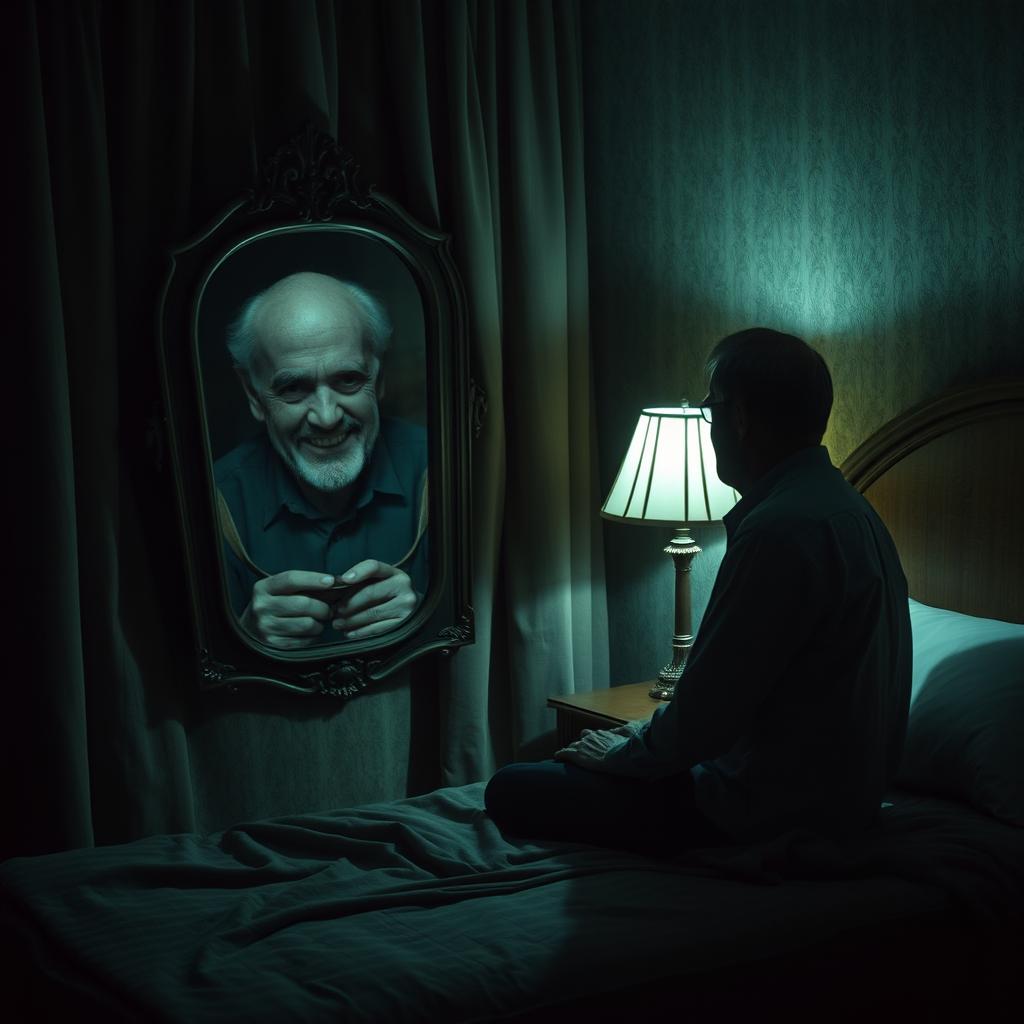 A haunting scene set in a dimly lit hotel room, where a middle-aged man sits on the edge of a rumpled bed, lost in thought