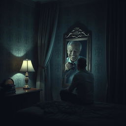 A haunting scene set in a dimly lit hotel room, where a middle-aged man sits on the edge of a rumpled bed, lost in thought