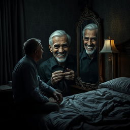 A haunting scene set in a dimly lit hotel room, where a middle-aged man sits on the edge of a rumpled bed, lost in thought