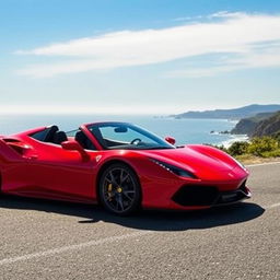 A stunning red sports car parked on a scenic coastal road, with the ocean in the background and a clear blue sky above