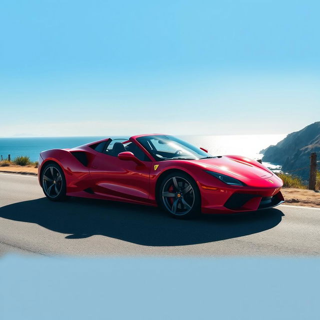 A stunning red sports car parked on a scenic coastal road, with the ocean in the background and a clear blue sky above