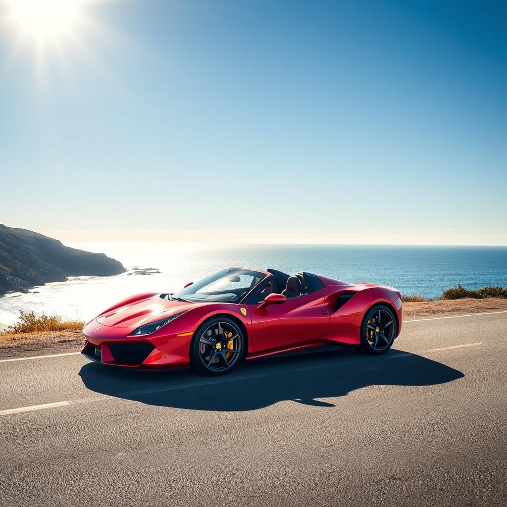 A stunning red sports car parked on a scenic coastal road, with the ocean in the background and a clear blue sky above