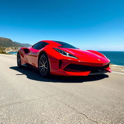 A stunning red sports car parked on a scenic coastal road, with the ocean in the background and a clear blue sky above