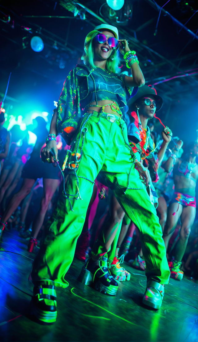 A vintage-style photograph taken with a 200mm lens capturing 90s rave fashion in a smoky nightclub with young people in neon colors, oversized sunglasses, tie-dye tops, baggy pants, platform boots, bucket hats, smiley face t-shirts, and kandi bracelets