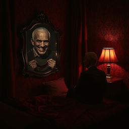 A haunting scene set in a dark red hotel room, where a middle-aged man sits on the edge of a rumpled bed, deep in contemplation