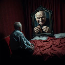 A haunting scene set in a dark red hotel room, where a middle-aged man sits on the edge of a rumpled bed, deep in contemplation
