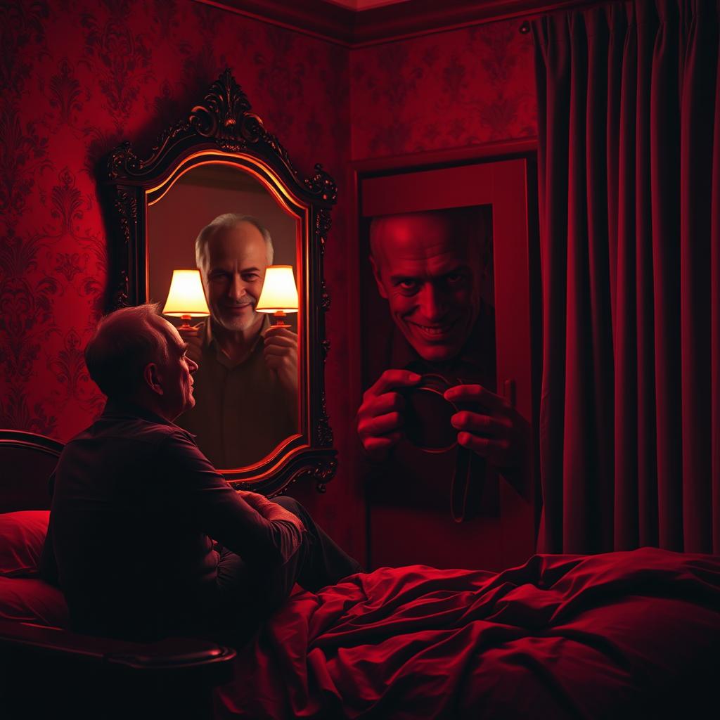 A haunting scene set in a dark red hotel room, where a middle-aged man sits on the edge of a rumpled bed, deep in contemplation