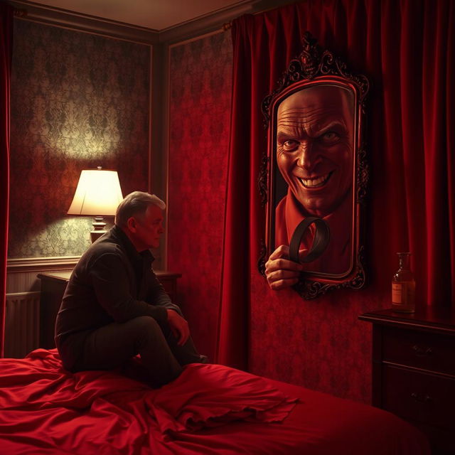 A haunting scene set in a dark red hotel room, where a middle-aged man sits on the edge of a rumpled bed, deep in contemplation