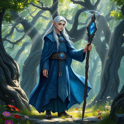 A young male high elf wizard standing amidst an enchanted forest, dressed in a flowing azure robe that is embellished with silver stars and mystical patterns